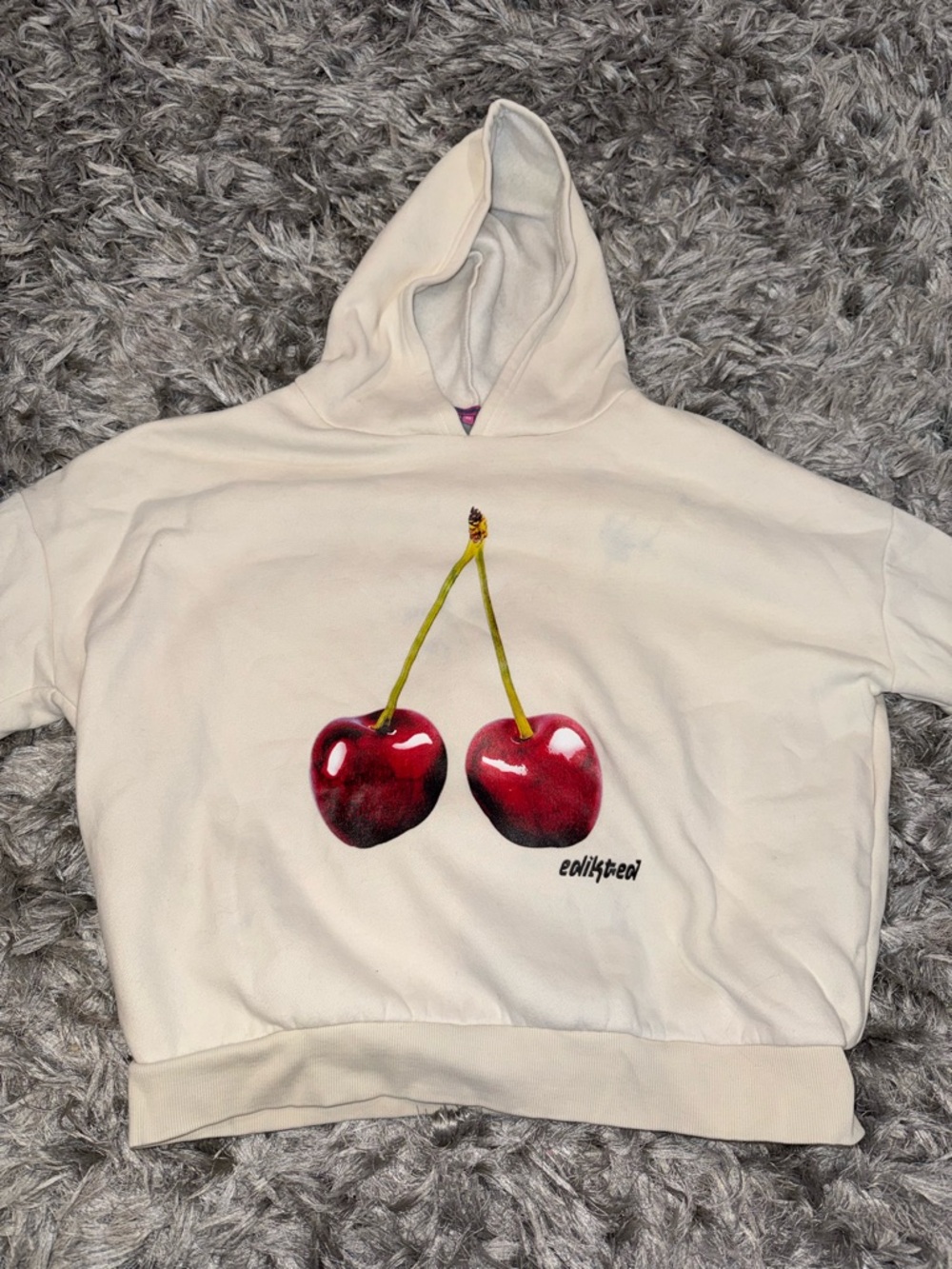 Edikted Cream Hoodie with Red Cherry Graphic